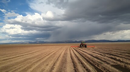 A tractor sowing seeds in a large, tilled field under a cloudy sky