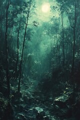 Moonlit forest path, trees, shadows, tranquil.