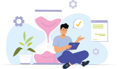 A creative time management illustration for work-life balance, depicting a person juggling work tasks and personal activities with a digital planner, clock, and calendar, symbolizing the harmonious in