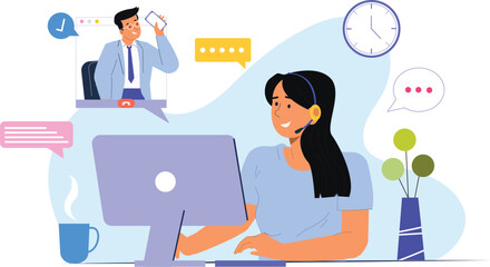 A customer support agent working in a call center illustration, depicting an agent assisting a customer via phone or chat, surrounded by multiple screens, headset, and helpful icons