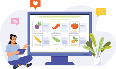 A digital grocery storefront illustration, featuring an online shopping interface with vibrant images of fresh produce like fruits, vegetables, and herbs
