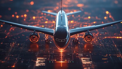 Futuristic digital flight booking concept with global map and interactive data interface in 3D, symbolizing seamless travel planning and advanced technology