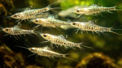 Fototapeta premium A group of transparent shrimp swimming in a natural aquatic environment.