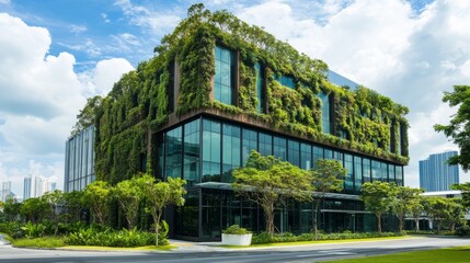 Obraz premium Eco-friendly office building adorned with trees, highlighting sustainability and CO2 reduction in urban architecture. 