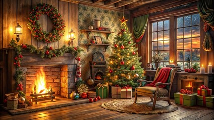 Vintage Christmas Room Decor: Cozy Festive Interior with Antique Ornaments and Garland