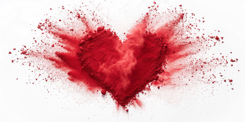 Dynamic Red Powder Explosion in Heart Shape Isolated on a White Background for Artistic Use