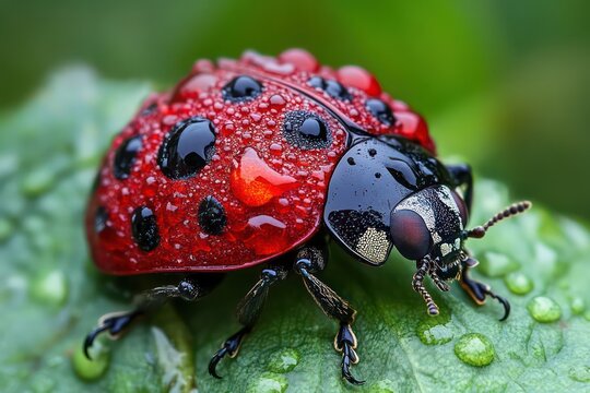 A close-up macro shot of a vibrant red ladybug with black spots resting on a dew-covered green leaf.
