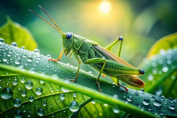Vintage Close-up: Green Grasshopper on Dew-Kissed Leaves