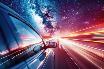 Obraz premium A car speeding through a cosmic landscape, blending motion with a starry night sky.