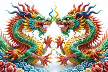 Vintage Colorful Twin Chinese Dragons on White Background - Stock Photo