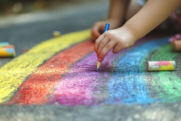 Obraz premium A close-up of a childâ€™s hand drawing a rainbow with chalk on the sidewalk, with soft focus on the paint strokes and joyful expressions around.