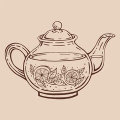 Teapot of tea with lemon slices, tea leaves. Hand drawn vector illustration in outline style.
