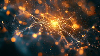 Obraz premium Network illustration, orange light line linking bright orange light dot, web structure, neurone structure, dark space