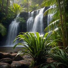 Enchanted Paradise: Dypsis Madagascariensis Palms and Waterfall Mist