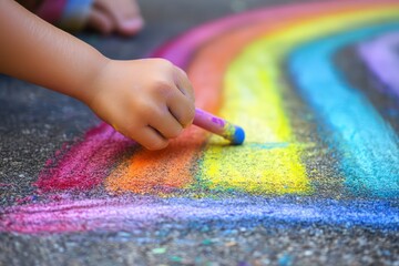 Obraz premium A close-up of a childâ€™s hand drawing a rainbow with chalk on the sidewalk, with soft focus on the paint strokes and joyful expressions around.