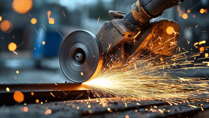 Metal grinder cutting or polishing a metal pipe producing sparks from the friction and heat