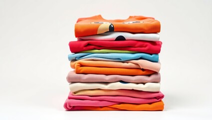 A neatly stacked pile of colorful folded shirts