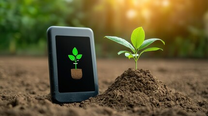 A smartphone displays a plant graphic beside a growing seedling in rich soil, symbolizing technology's role in sustainable agriculture.