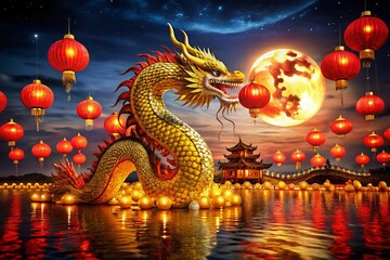 Fototapeta premium Vintage Dragon Dance: Full Moon, Red Lanterns, Night Scene