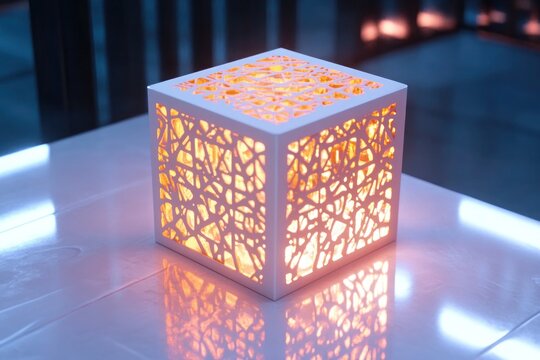 A futuristic glowing cube with intricate geometric patterns on a reflective white surface.