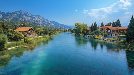 Naklejka premium Stunning Wide Shot Photo: Serene River Flows Gently Through Picturesque Mountain Valley. AI Generated