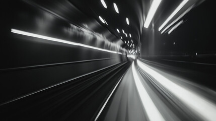 Fototapeta premium Train travels through a dark tunnel illuminated by bright lights at night