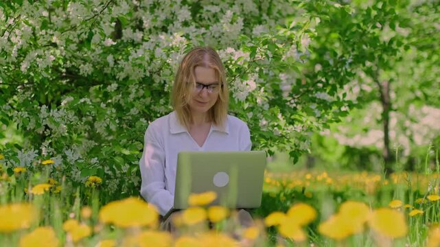 Relaxed businesswoman working on laptop while sitting on a green grass next to beautiful tree. Freelancing, work outdoor concept.