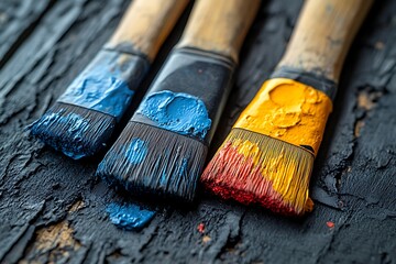 Fototapeta premium Three paintbrushes with blue, yellow and red paint on a wooden surface, ready to be used for creative projects.