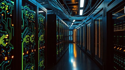 Illuminated Server Room Corridor Showing Network Hardware