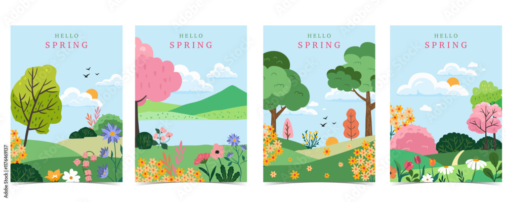 Wall mural spring landscape background with mountain and tree for a4 vertical design