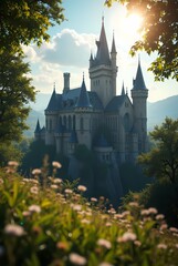 Gothic castle during the day in the bright summer sun, surrounded by a summer forest