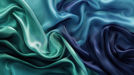 Fototapeta premium A close-up of flowing satin fabric in shades of teal and navy, showcasing texture and color blending.