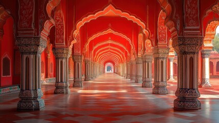 Naklejka premium Ornate red colonnade, receding perspective.