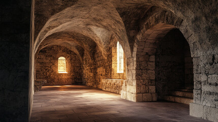 Historic stone room with arched ceilings and warm sunlight filtering through windows