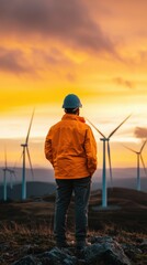 Person in Safety Jacket Observing Wind Turbines at Sunset