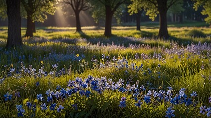 Obraz premium Serene Sunrise Meadow Blue Flowers and Gentle Morning Light V8