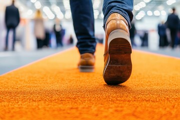 Person Walking on Bright Orange Carpet in a Large Event Space