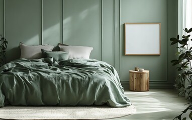Green bedroom interior with mockup frame, bed, and plants.