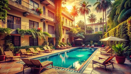 Obraz premium Vintage Hotel Poolside Relaxation: Sun-Drenched Summer Idyll