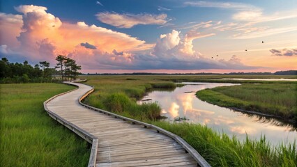 Fototapeta premium Serene Sunset Marshland with Wooden Boardwalk and Tranquil Water V4