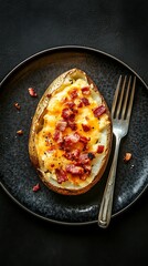 A whole baked potato split open, topped with cheese and bacon bits, placed on a ceramic plate with a fork and knife, isolated on a deep black background
