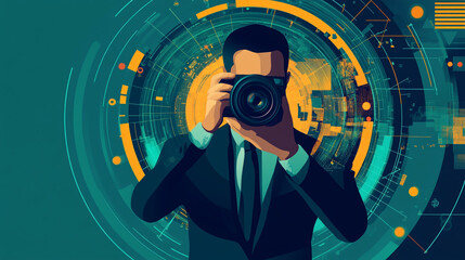 Obraz premium Professional photographer capturing moments in a digital environment with modern aesthetics