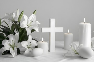 A white table with a cross, candles, and flowers
