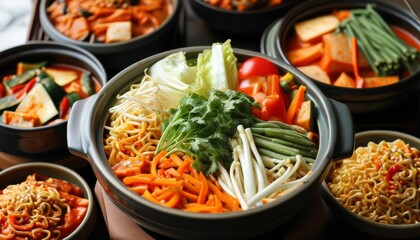 Delicious Korean Hotpot Dinner with Fresh Ingredients and Colorful Vegetables Arrangement