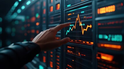 A hand reaching towards a glowing line graph, with arrows and percentages, set in a futuristic data center