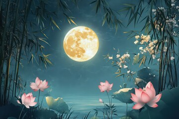 A detailed illustration of bamboo branches and lotus flowers with rabbits and a glowing full moon.