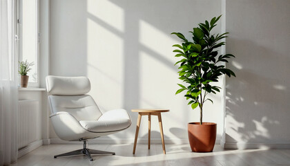 Modern, minimalist living room with a white leather swivel chair, a wooden side table, and a potted plant against a textured white wall