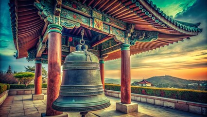Obraz premium Vintage Korean Bell San Pedro: Retro Photograph of Ancient Temple Bell