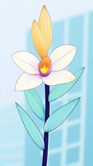 Naklejka premium Stunning Digital Illustration: Delicate Orchid Flower Blooming Against Modern Cityscape. AI Generated