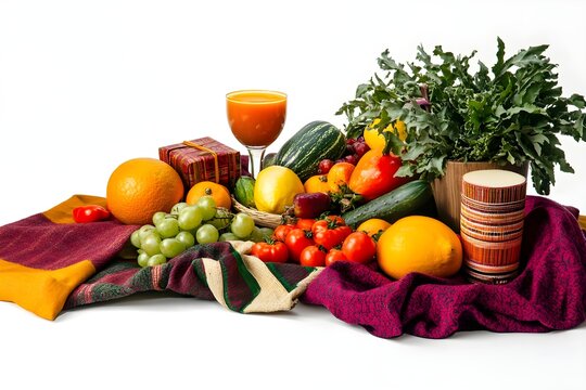 A table with a variety of fruits and vegetables, including oranges, grapes
